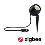 Schwarzer LED-Gartenspot mit Erdspieß und Kabel, kompatibel mit Zigbee Smart-Home-System.