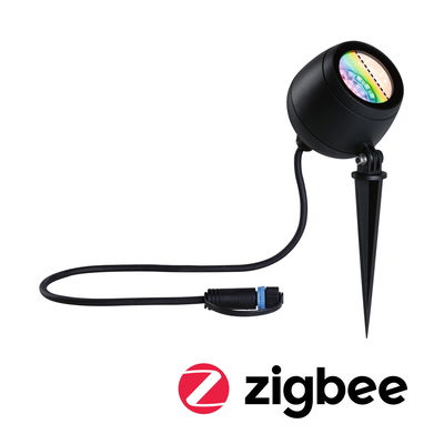 Schwarzer LED-Gartenspot mit Erdspieß und Kabel, kompatibel mit Zigbee Smart-Home-System.