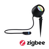 Zwarte LED-tuinschijnwerper met grondpin en kabel, compatibel met Zigbee smart home systeem.