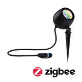 Black LED garden spotlight with ground spike and cable, compatible with Zigbee smart home system.