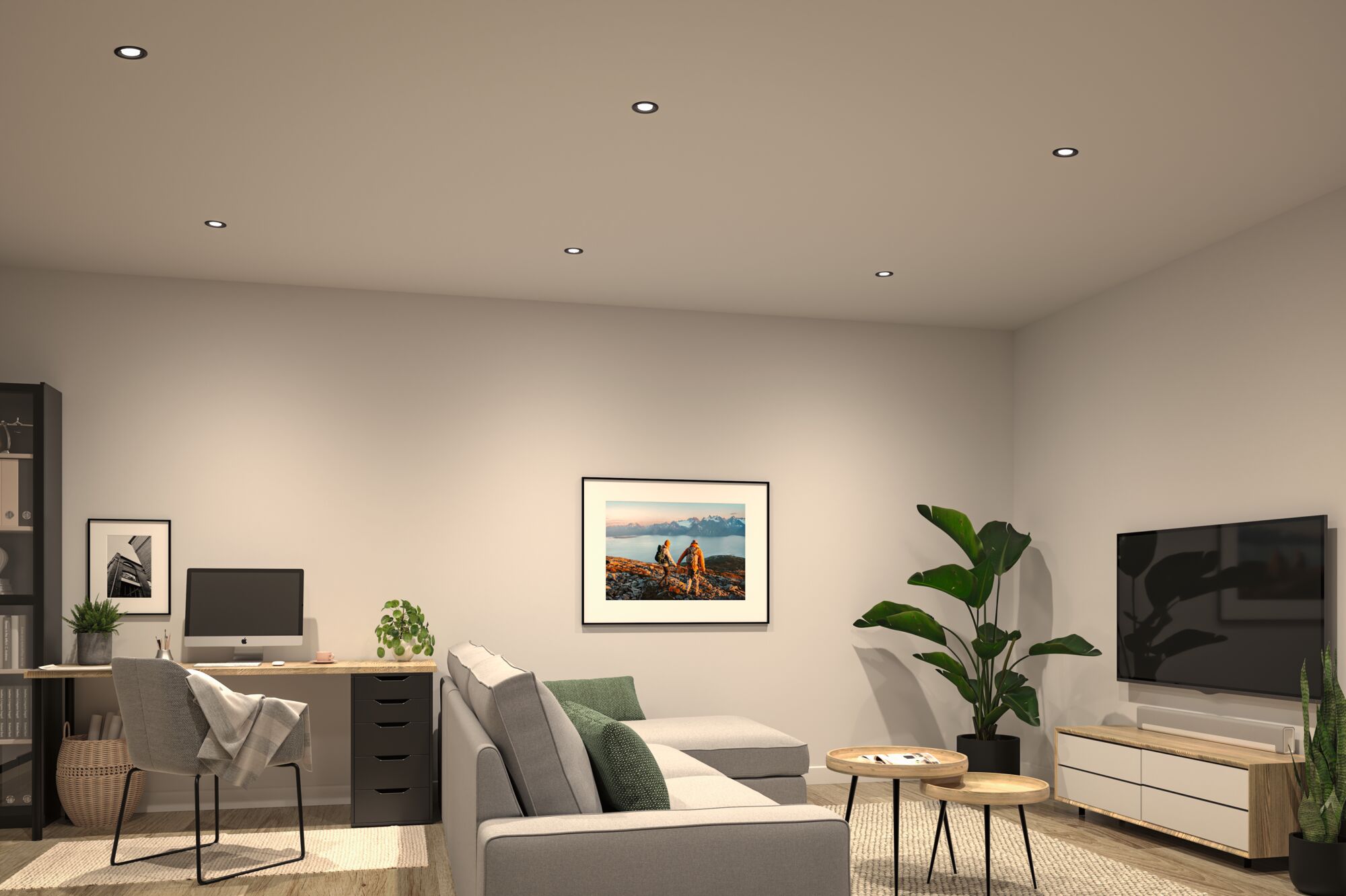 Seks runde LED-indbygningsspots i hvidt loft oplyser moderne stue med grå sofa og træmøbler.