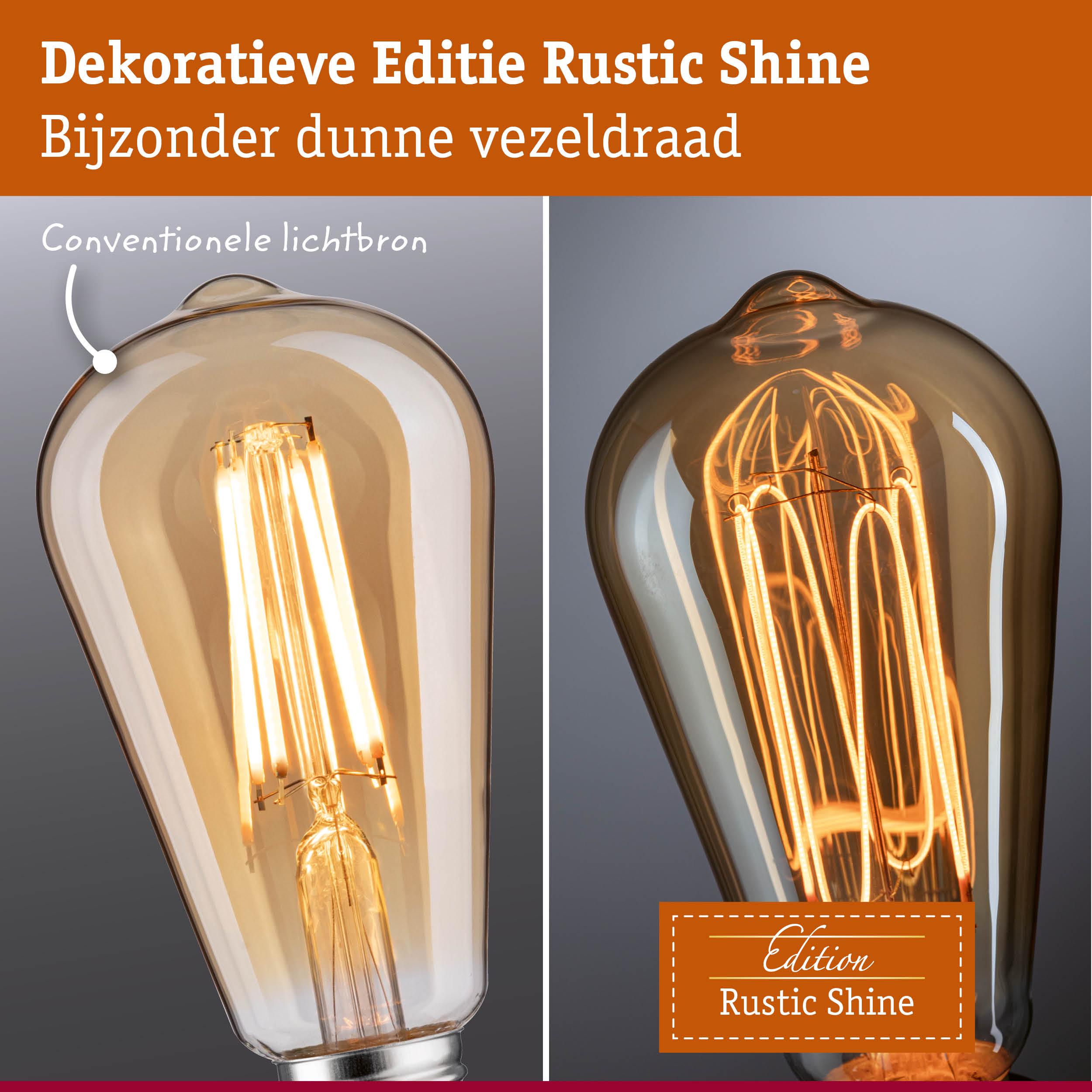 Vergelijking conventionele lamp en Rustic Shine LED-filamentlamp met warm decoratief licht