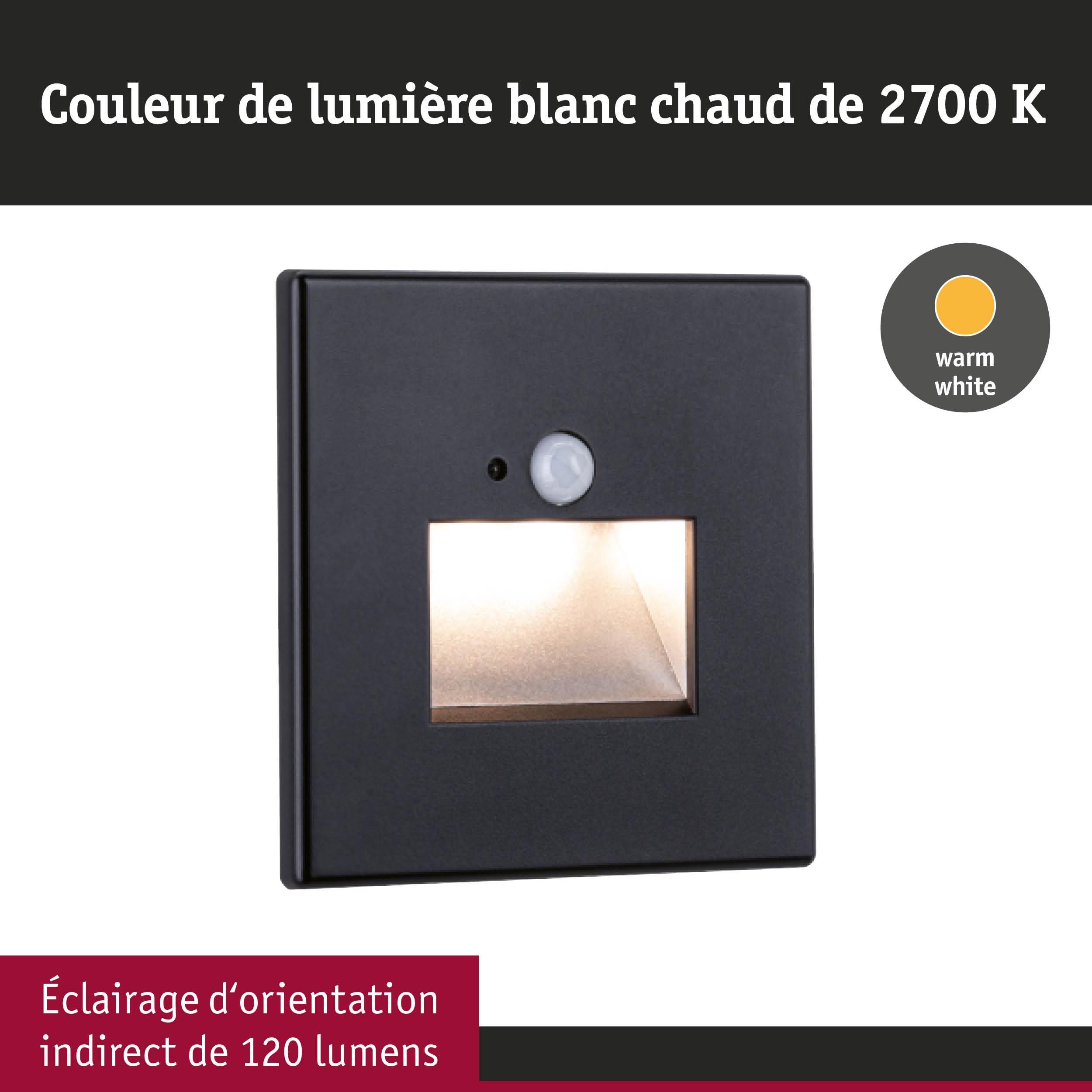 Applique murale LED noire avec détecteur de mouvement et lumière blanc chaud 2700K pour éclairage indirect