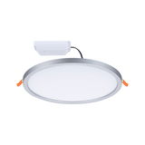Round LED recessed panel with silver aluminum frame and white diffuser for energy-efficient room lighting