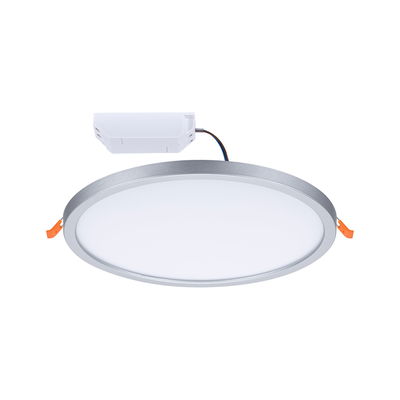 Round LED recessed panel with silver aluminum frame and white diffuser for energy-efficient room lighting
