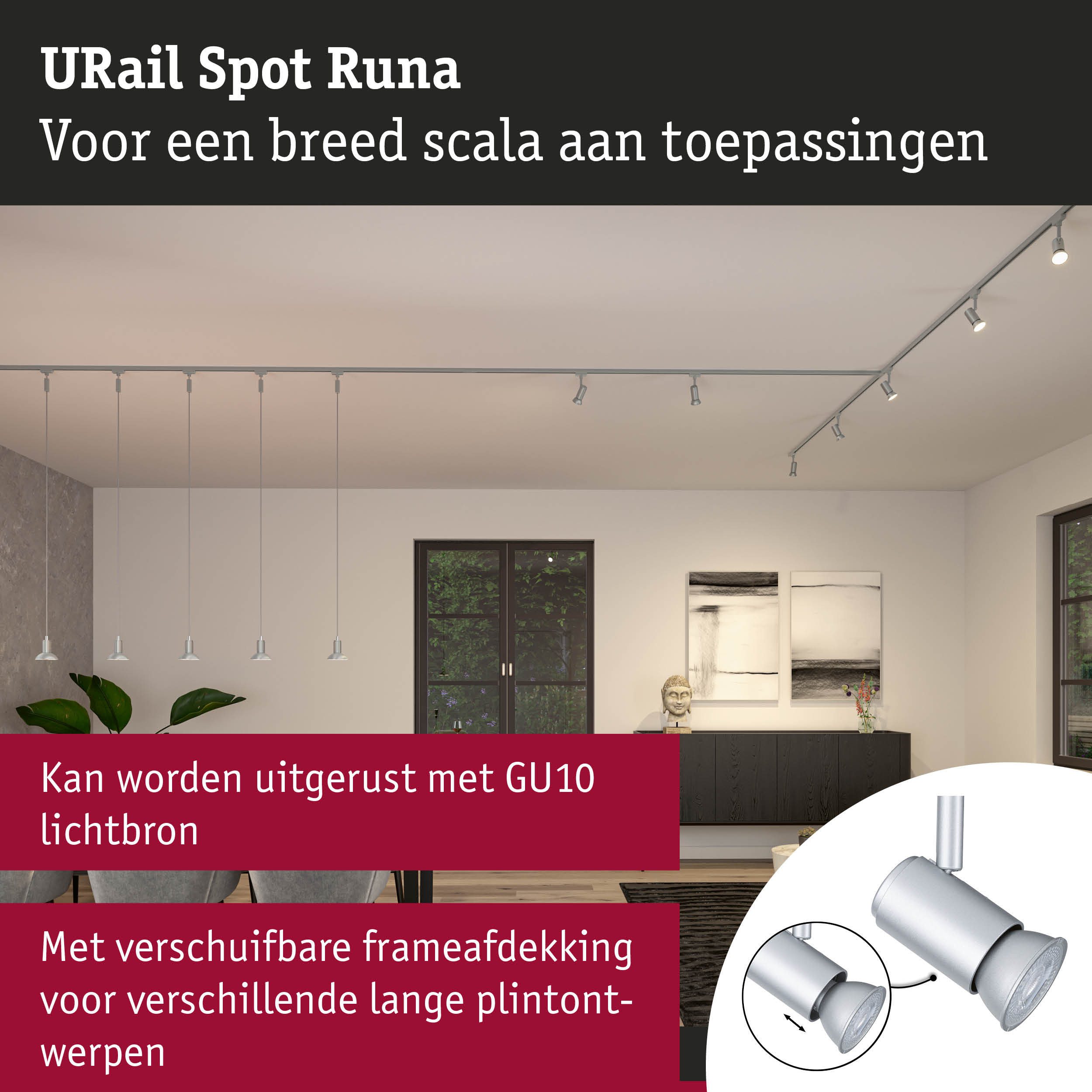 Moderne zilveren URail Spot Runa spot met GU10 fitting voor veelzijdige verlichtingsoplossingen