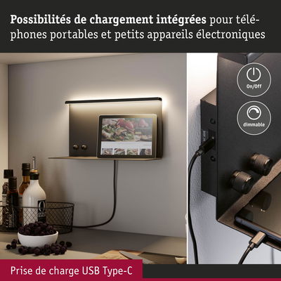Étagère murale noire avec chargeur USB Type-C intégré et éclairage LED dimmable dans une cuisine moderne