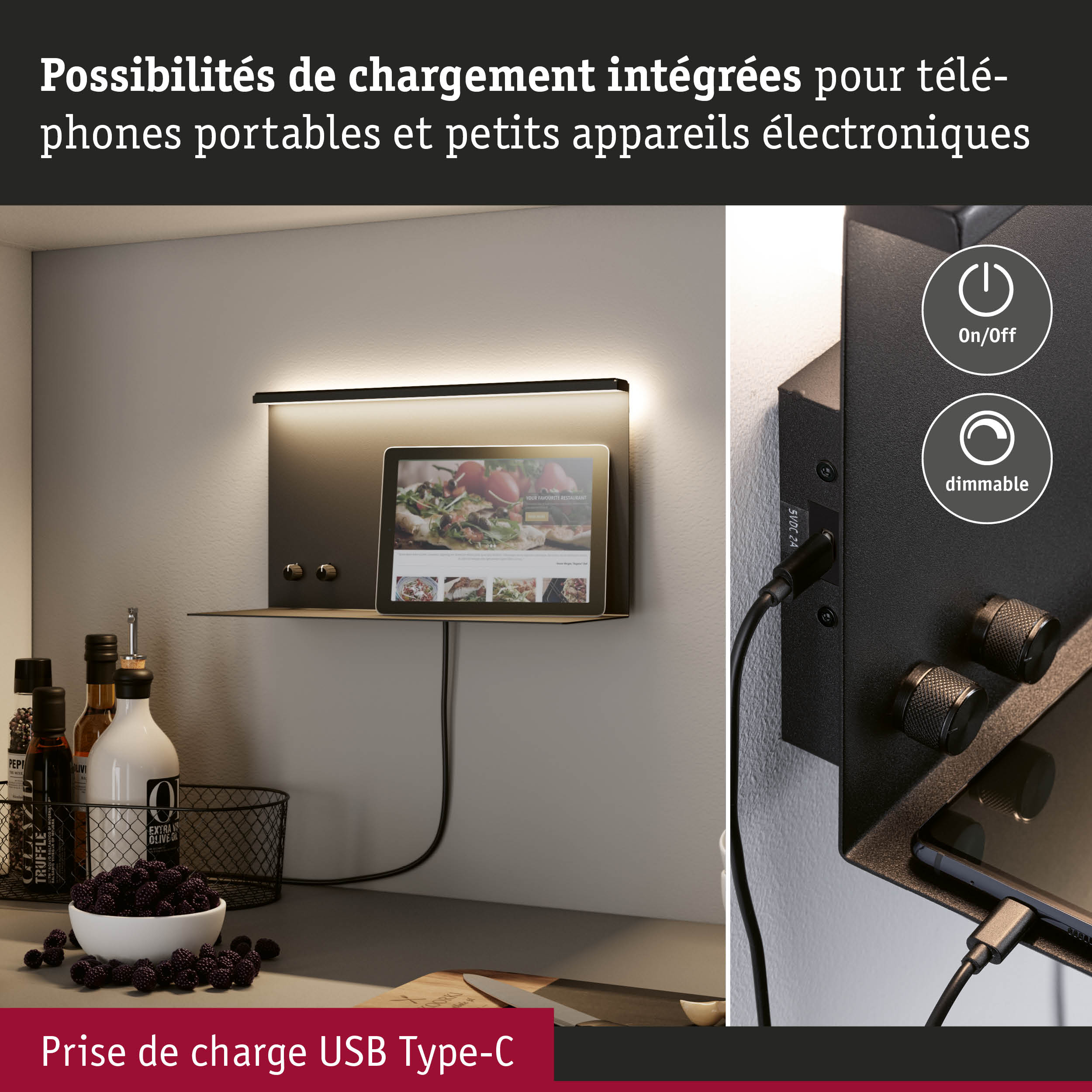Étagère murale noire avec charge USB Type-C intégrée et éclairage LED dimmable dans une cuisine moderne