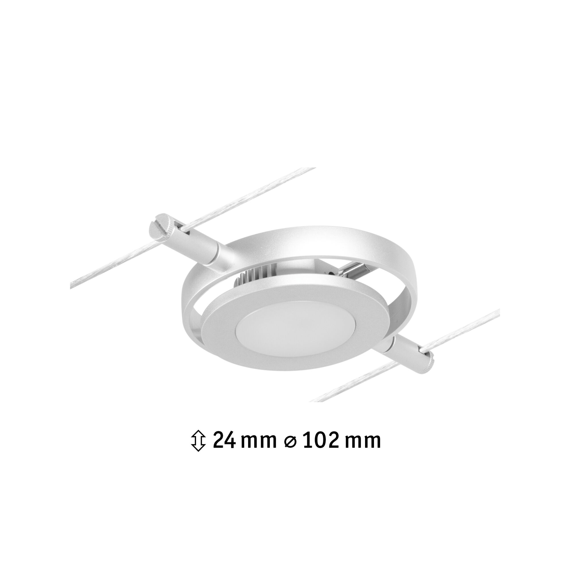 Round silver metal LED cable spotlight with 24 mm height and 102 mm diameter for modern lighting