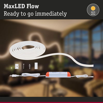 MaxLED Flow warm white LED strip with power supply and mounting kit for immediate lighting setup