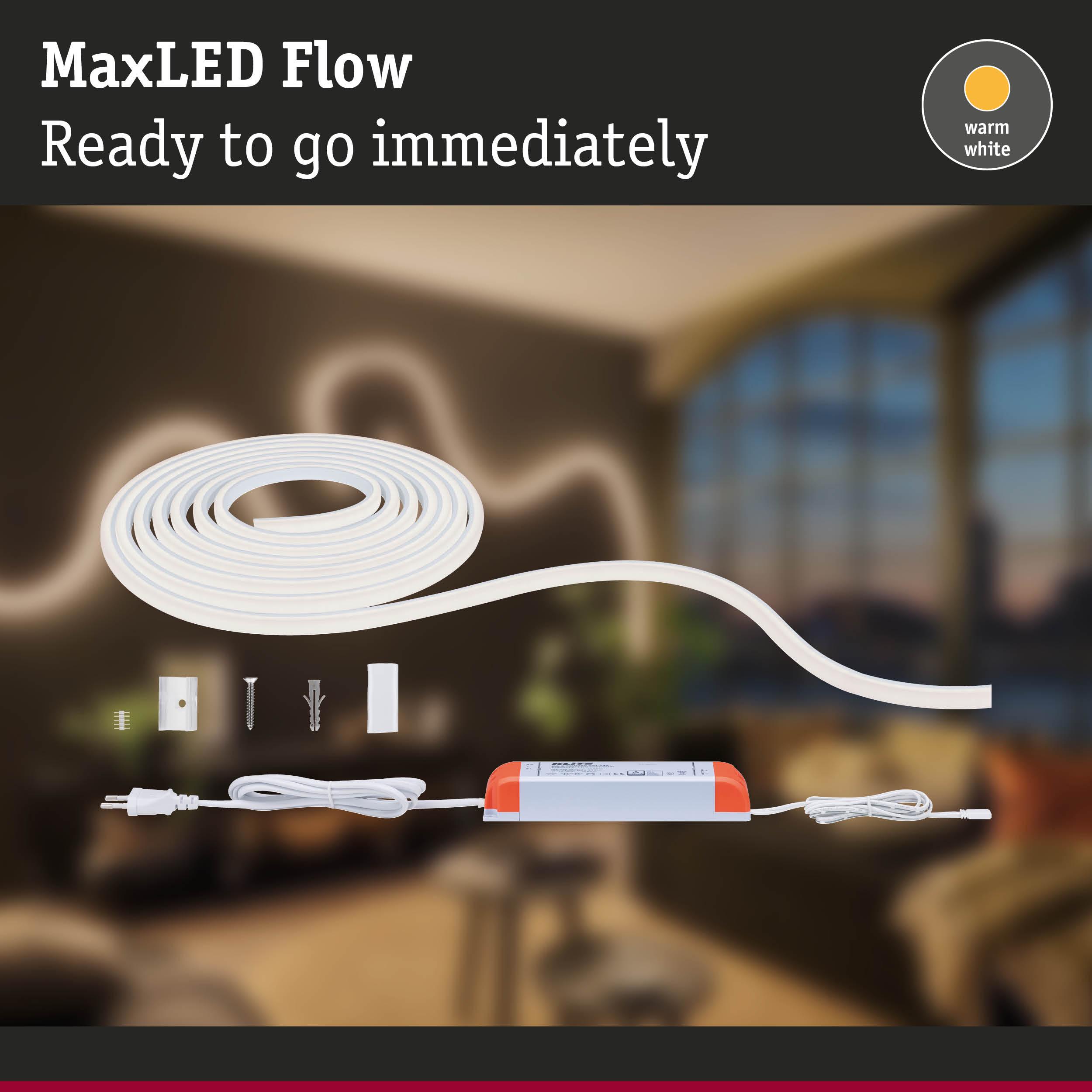 MaxLED Flow warm white LED strip with power supply and mounting kit for immediate lighting setup