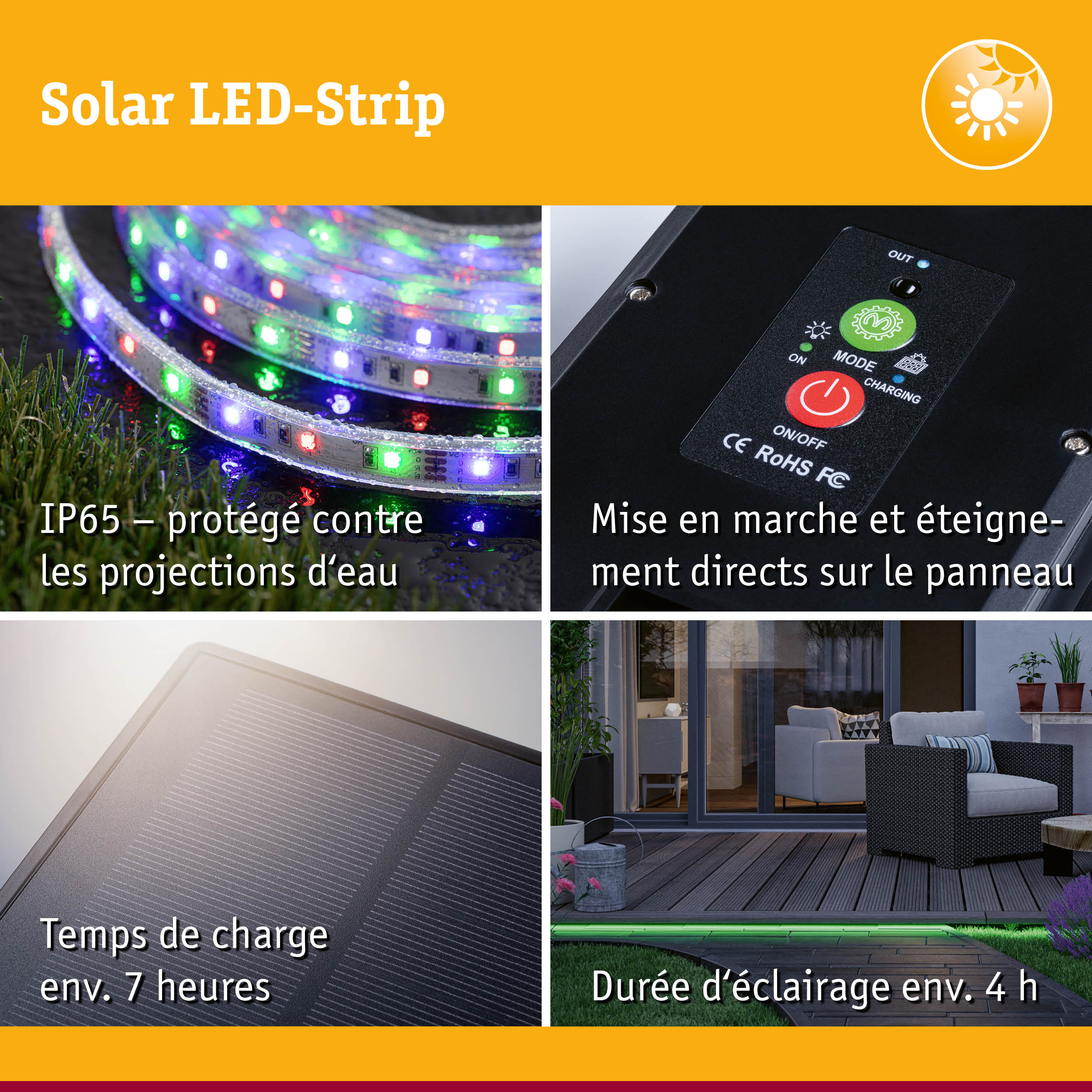 Bande LED solaire IP65 résistante à l'eau, panneau de contrôle, panneau solaire et éclairage de jardin vert