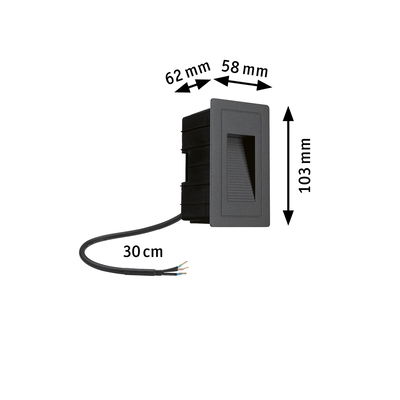 Zwarte inbouwlamp van kunststof met kabel, afmetingen 103x62x58 mm, LED-trapverlichting voor binnen