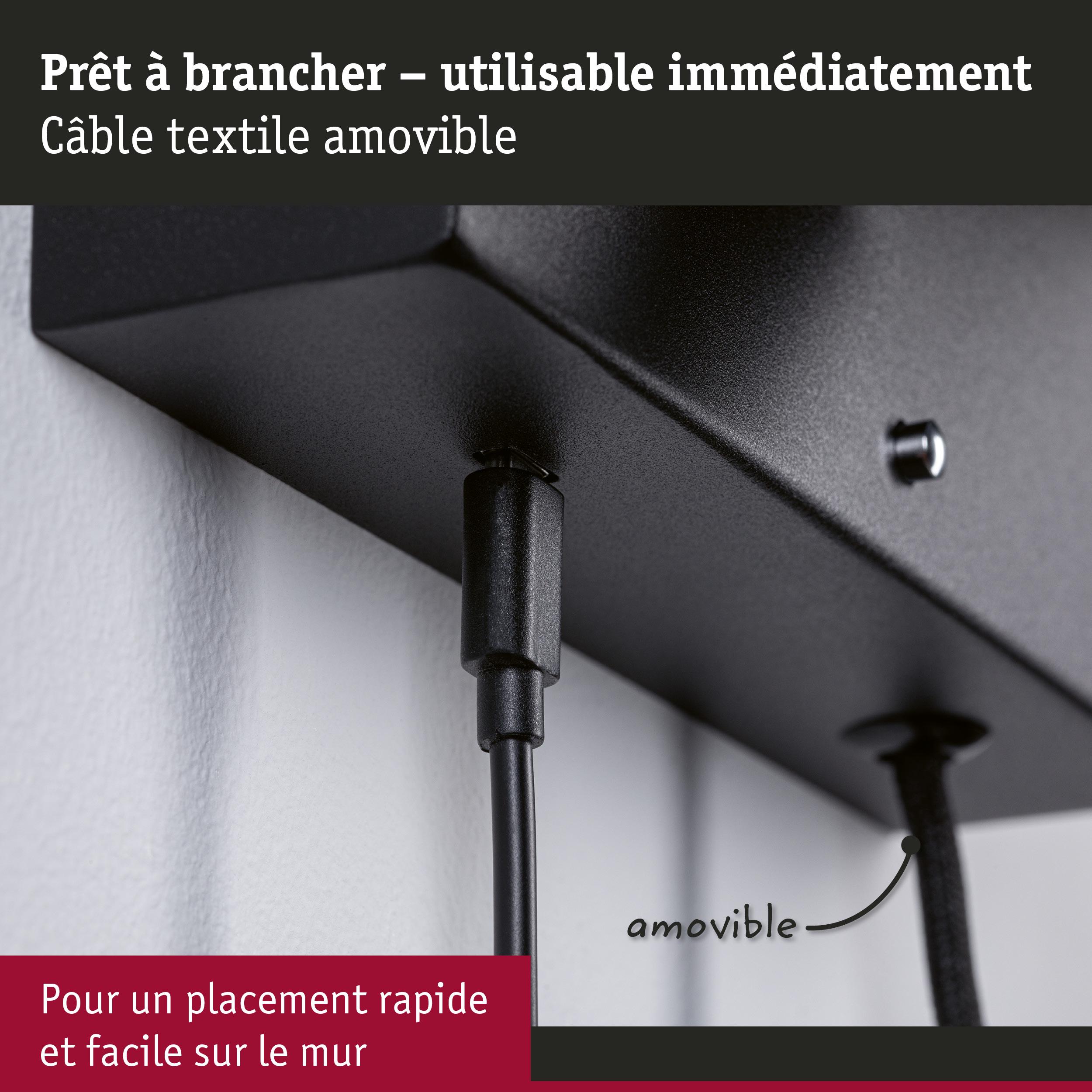 Câble noir avec gaine textile amovible fixé sur support mural noir pour installation rapide