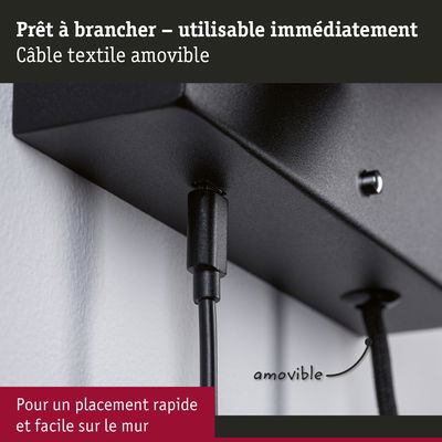 Câble noir avec gaine textile amovible fixé sur support mural noir pour installation rapide