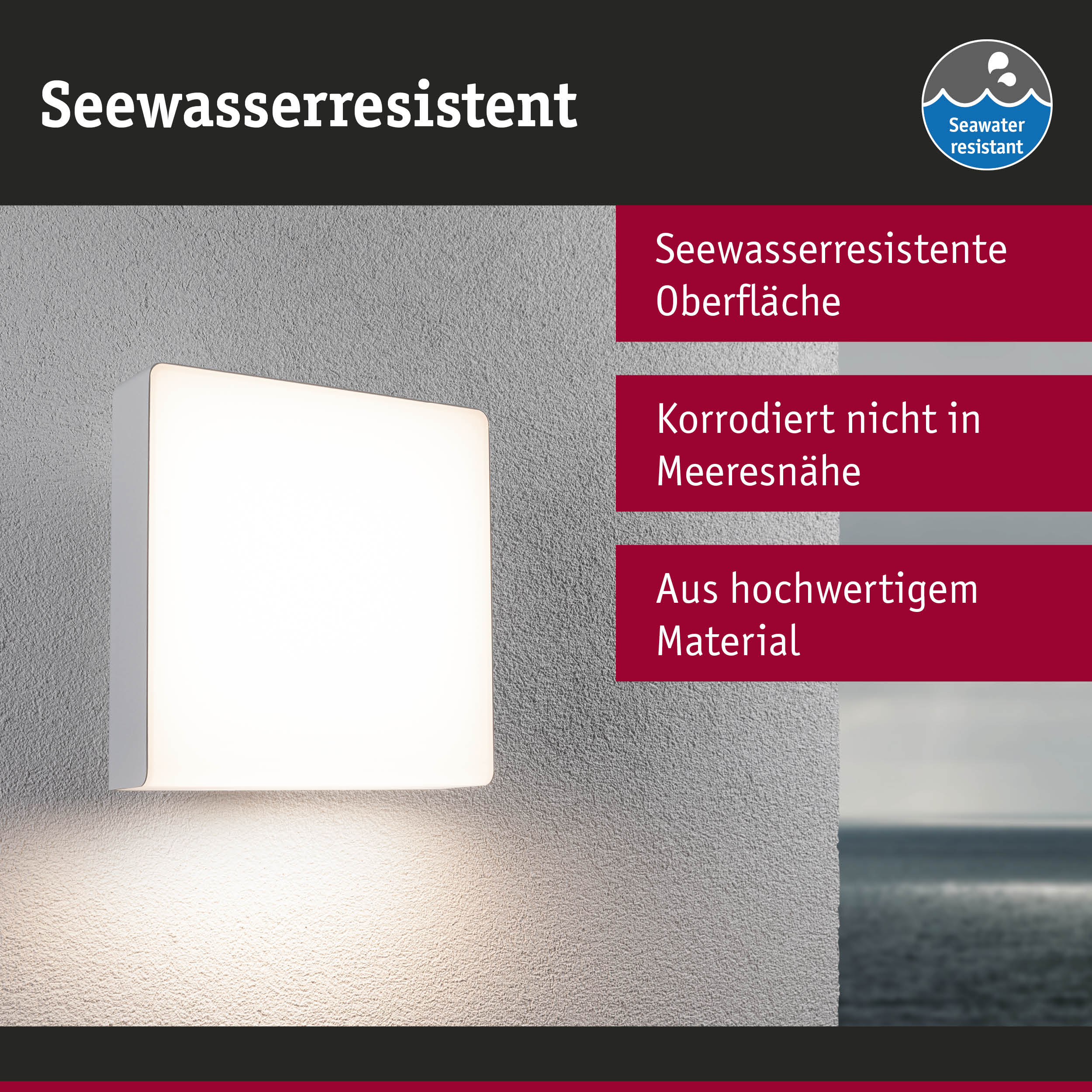 Weißes LED-Wandlicht mit seewasserresistenter Oberfläche für Außenbereiche am Meer