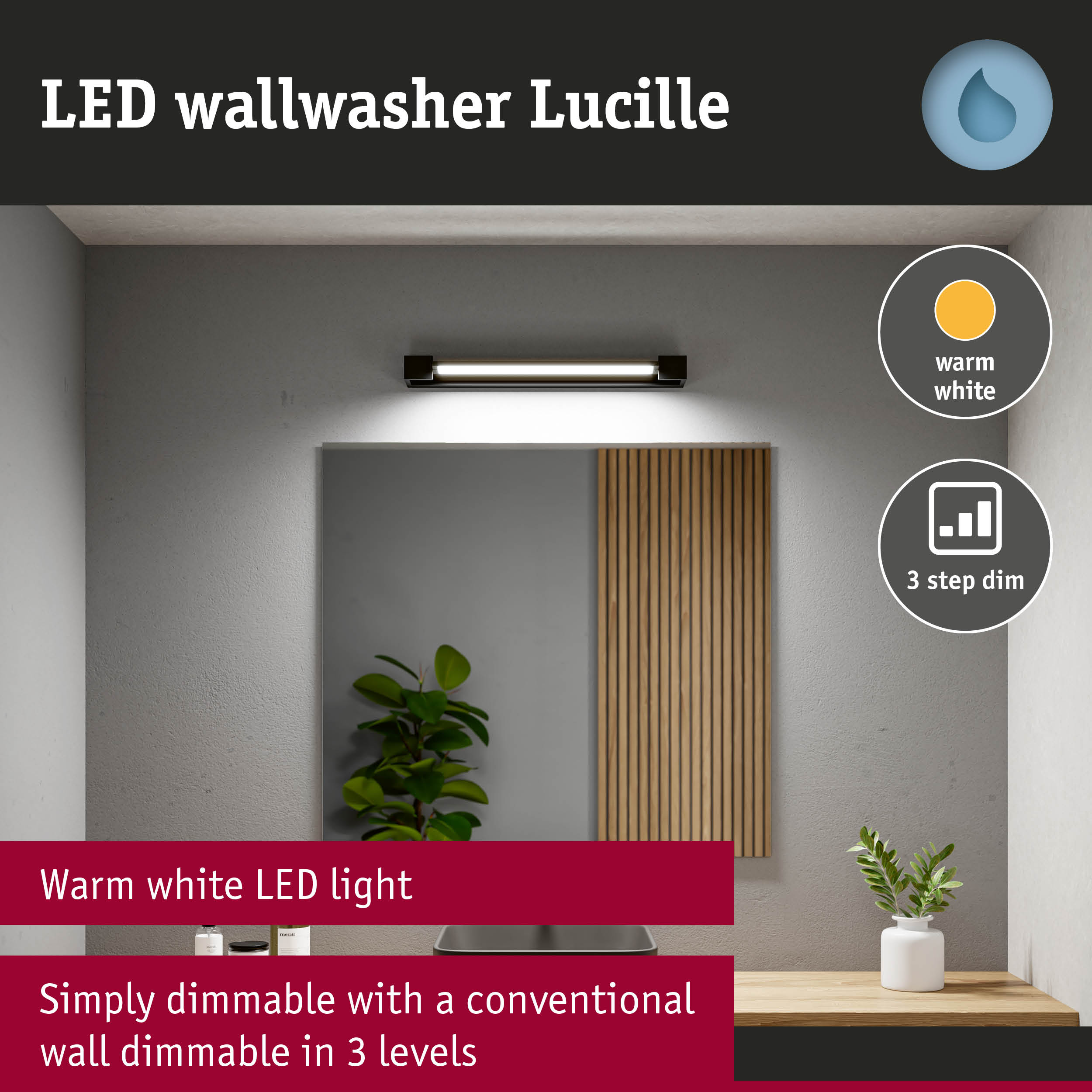 Black LED wallwasher Lucille with warm white light and 3-step dimmable function for wall lighting
