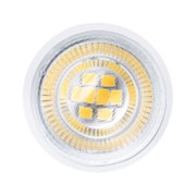 Nahaufnahme einer LED-Leuchte mit transparentem Kunststoff und gelben LED-Chips für energiesparende Beleuchtung