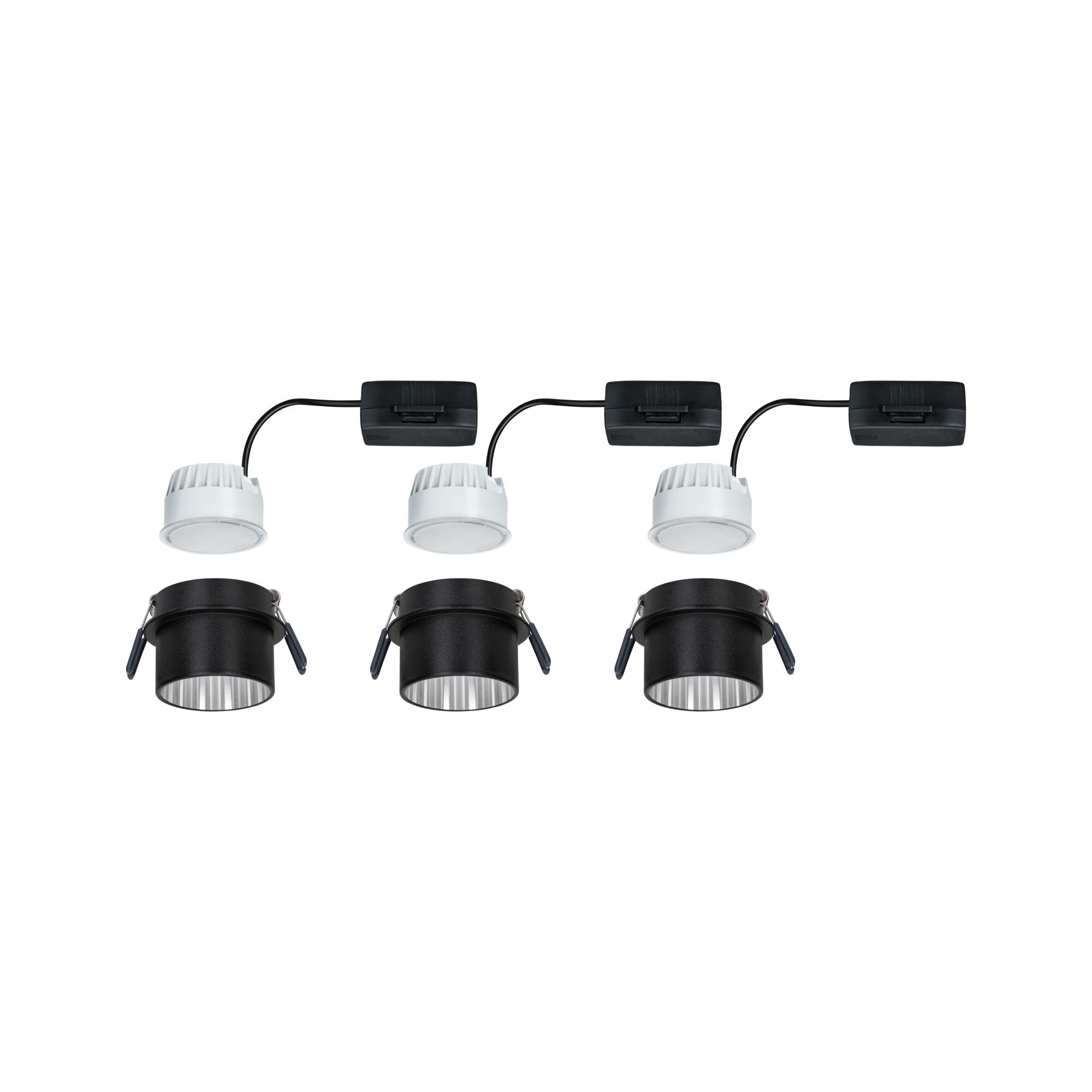 Drei weiße LED-Einbaustrahler mit schwarzer Fassung und Anschlussbox für moderne Innenbeleuchtung