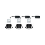 Three white LED recessed spotlights with black housing and connector box for modern indoor lighting