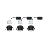 Three white LED recessed spotlights with black housing and connector box for modern indoor lighting