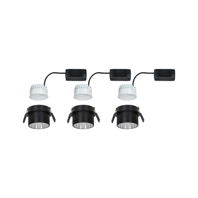 Three white LED recessed spotlights with black housing and connector box for modern indoor lighting