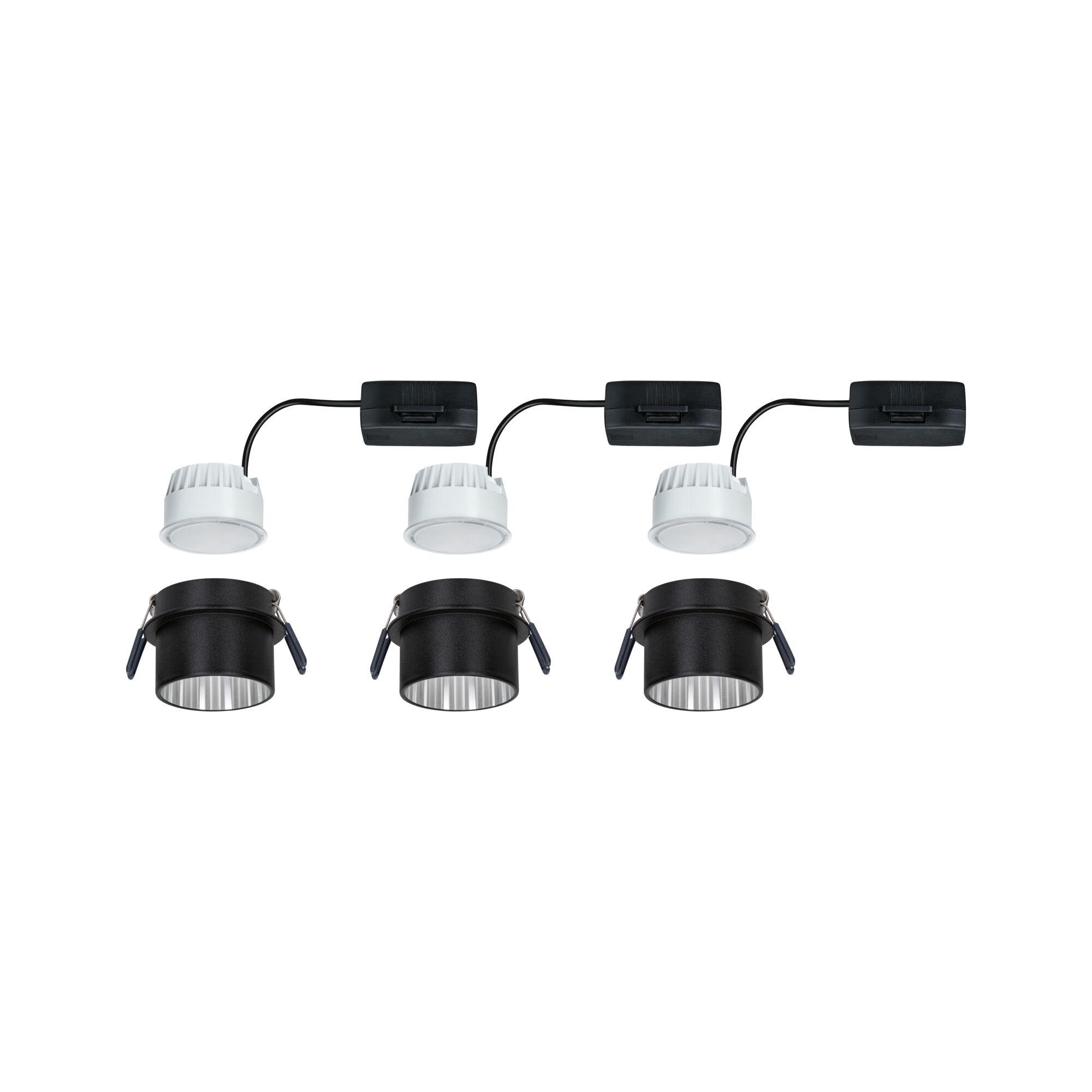 Three white and black LED recessed spotlights with cable and bracket for modern indoor lighting