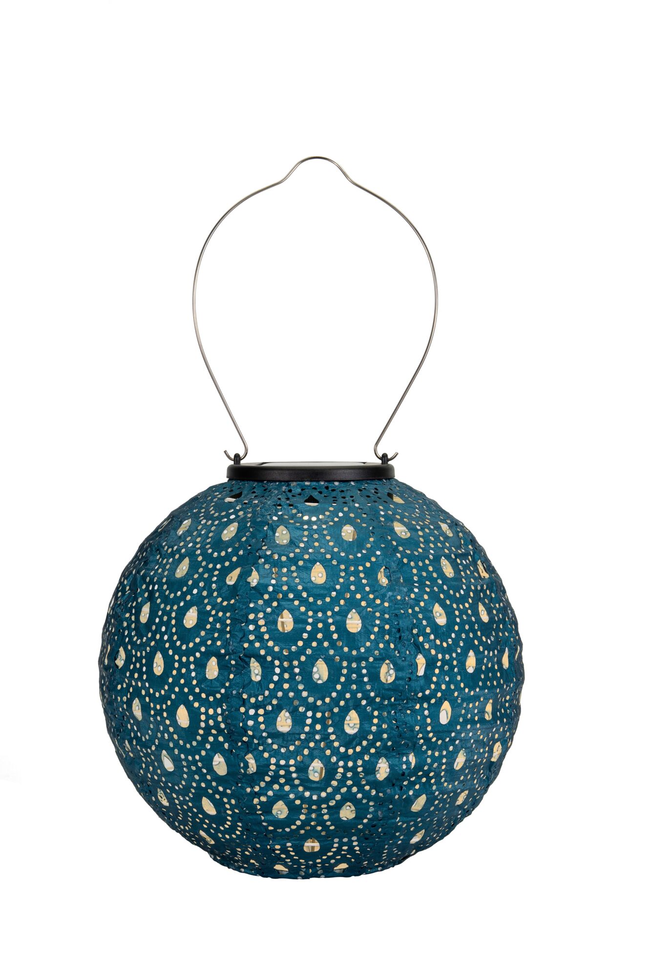 Round blue paper lantern with perforated pattern and metal handle for ambient garden lighting
