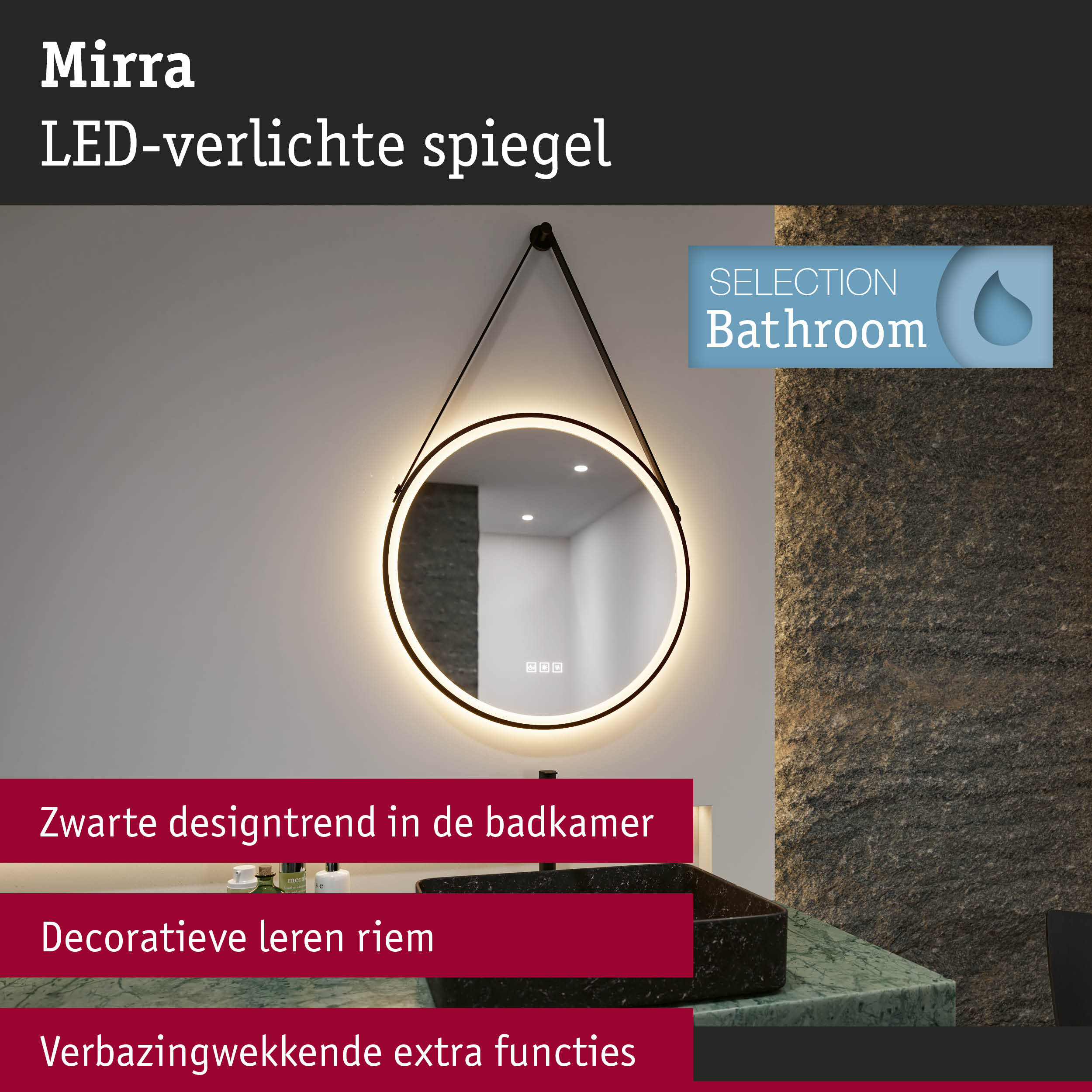 Ronde LED-verlichte spiegel Mirra met zwarte leren riem voor modern badkamerontwerp