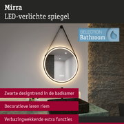 Ronde LED-verlichte spiegel Mirra met zwarte leren riem voor modern badkamerontwerp