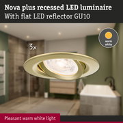 Nova plus gold recessed LED spotlight with warm white light and flat GU10 reflector for bathroom lighting.