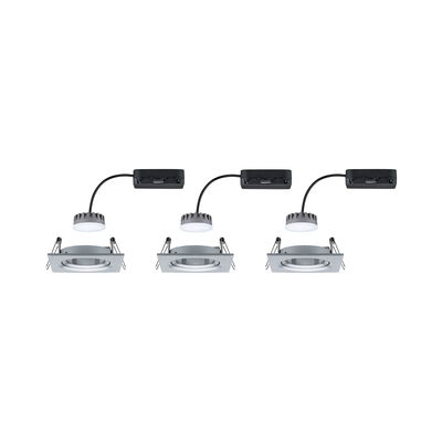 Three square aluminum recessed lights in silver with LED drivers for modern room lighting