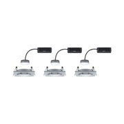 Three square brushed aluminium recessed LED spotlights with black power cables for modern lighting