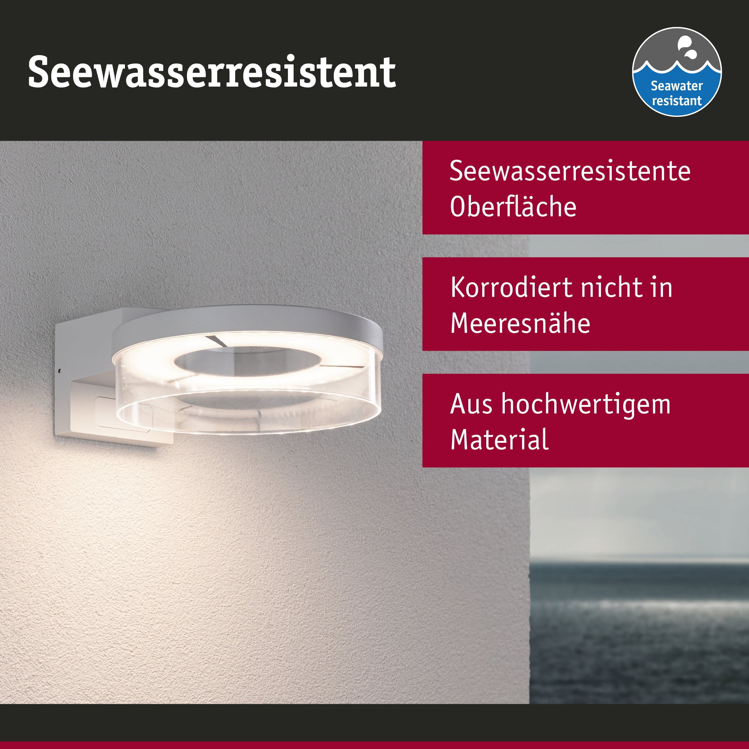 Weiße Wandlampe mit seewasserresistenter Oberfläche aus hochwertigem Material für Außenbereiche
