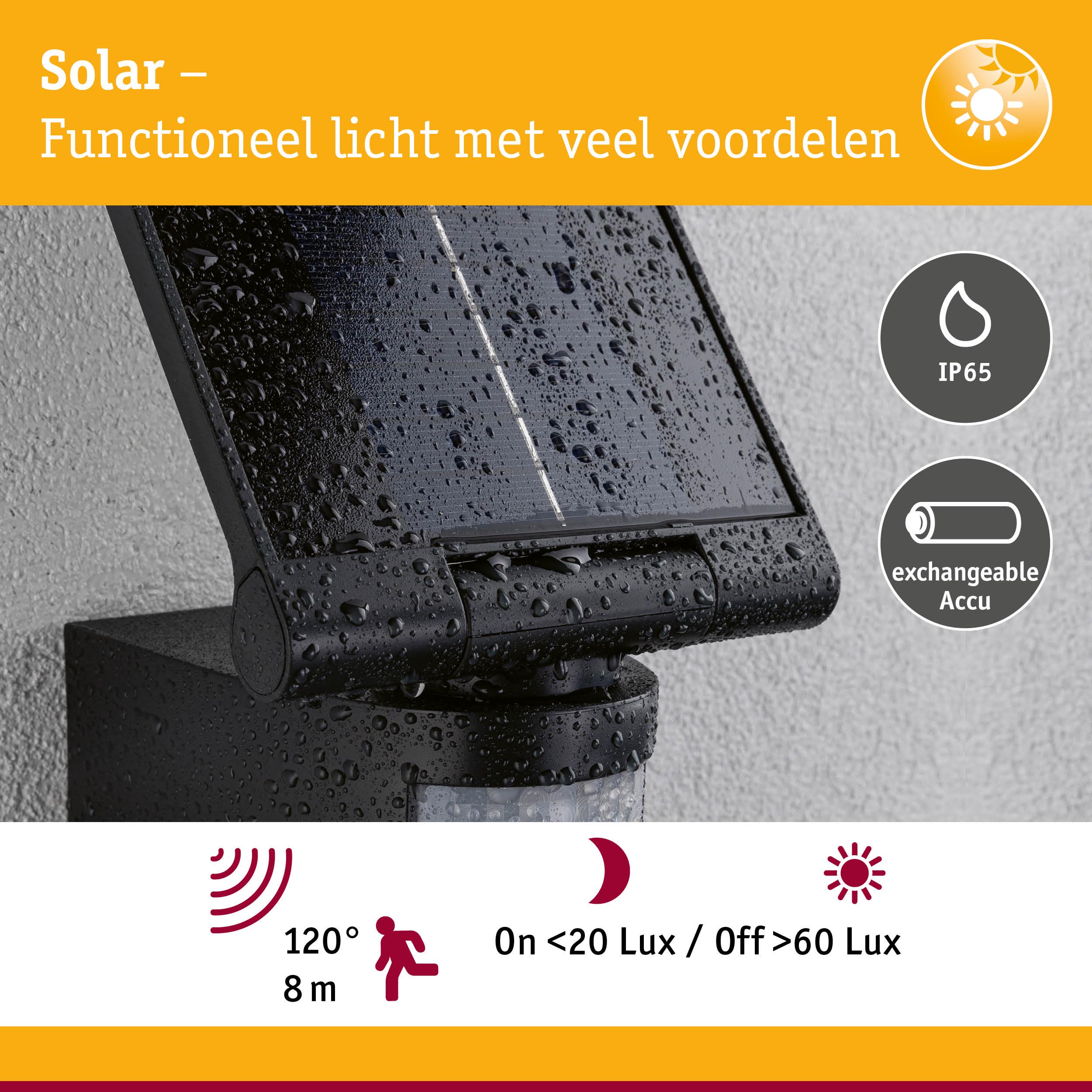 Zwart solarlicht met IP65 en verwisselbare accu, functionele buitenverlichting met bewegingssensor