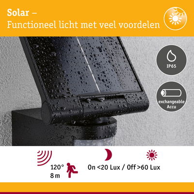 Zwart solarlicht met IP65 en verwisselbare accu, functionele buitenverlichting met bewegingssensor