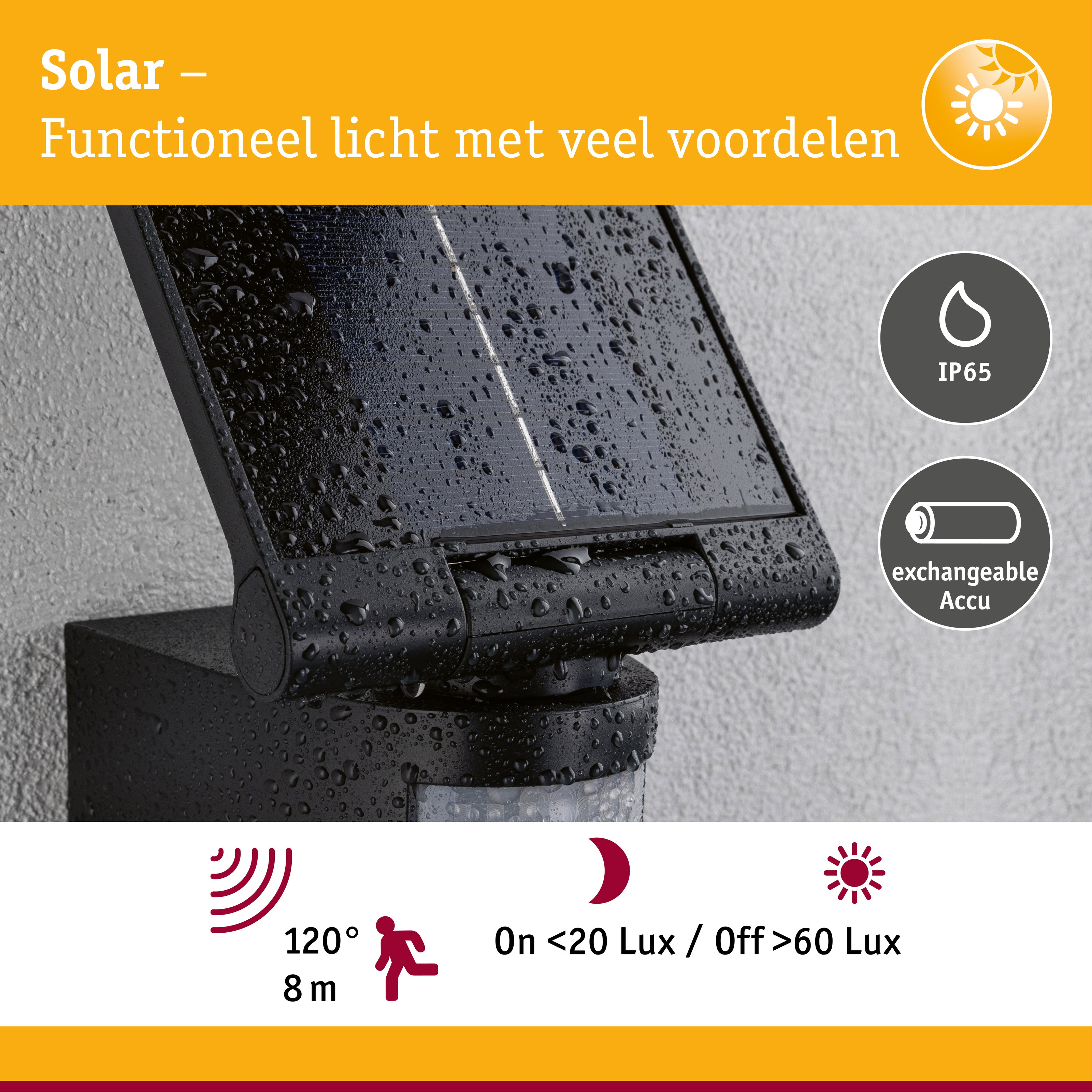 Zwarte solar lamp met IP65, verwisselbare accu en bewegingssensor voor buitengebruik