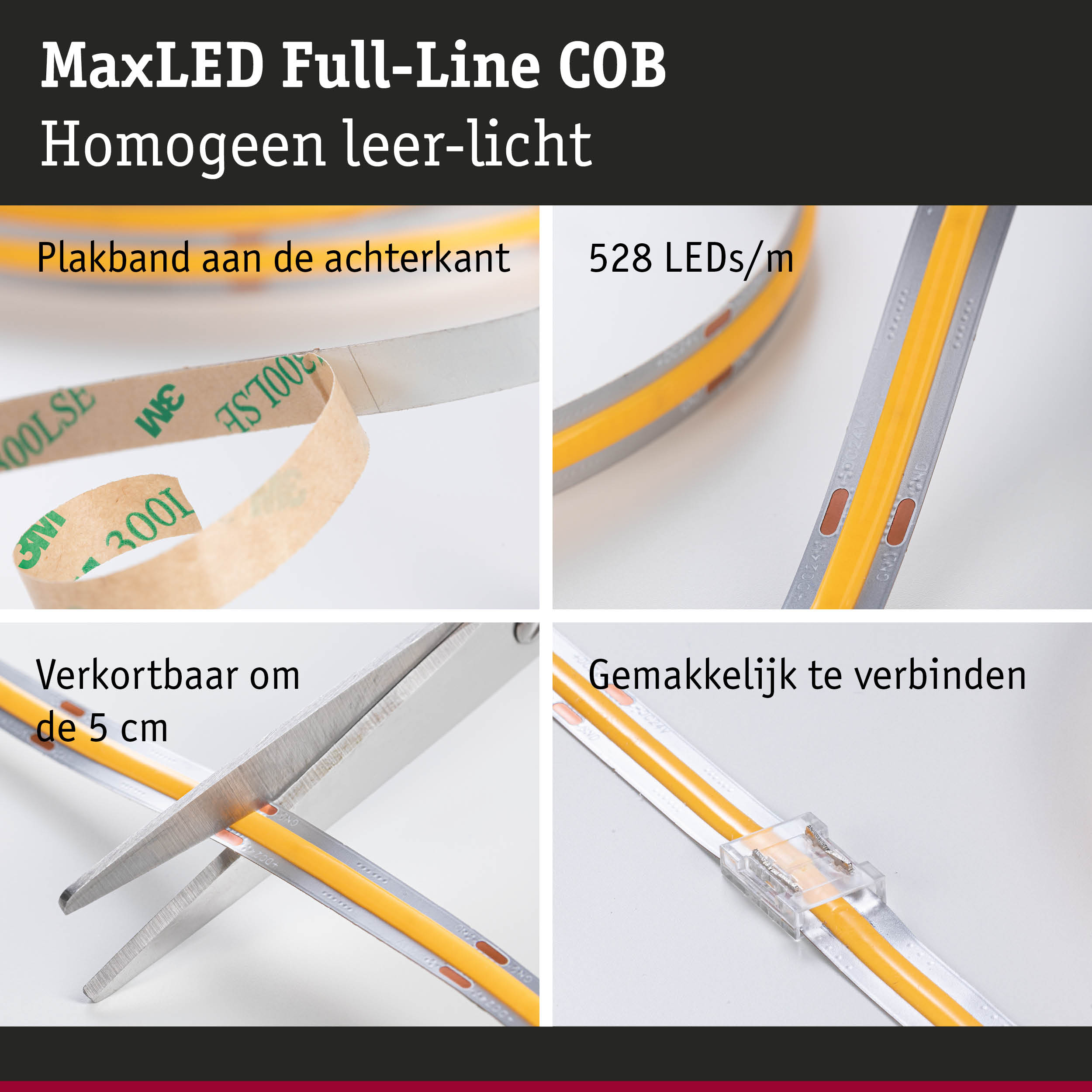 MaxLED Full-Line COB LED-strip met 528 LEDs/m, zelfklevend en knipbaar voor flexibele verlichting