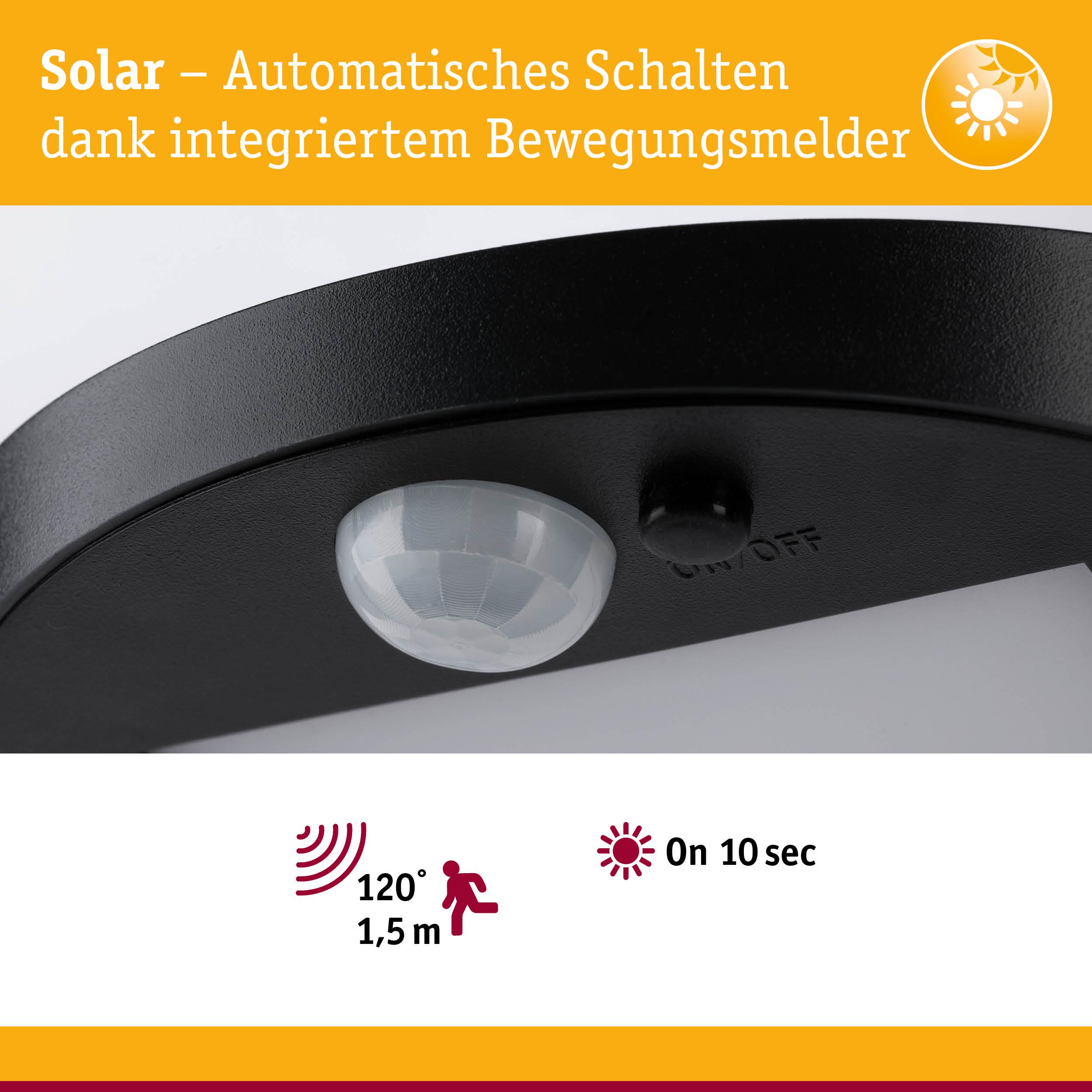 Schwarzer Solar-Bewegungsmelder mit 120° Erfassungswinkel und 1,5 m Reichweite für automatische Lichtsteuerung