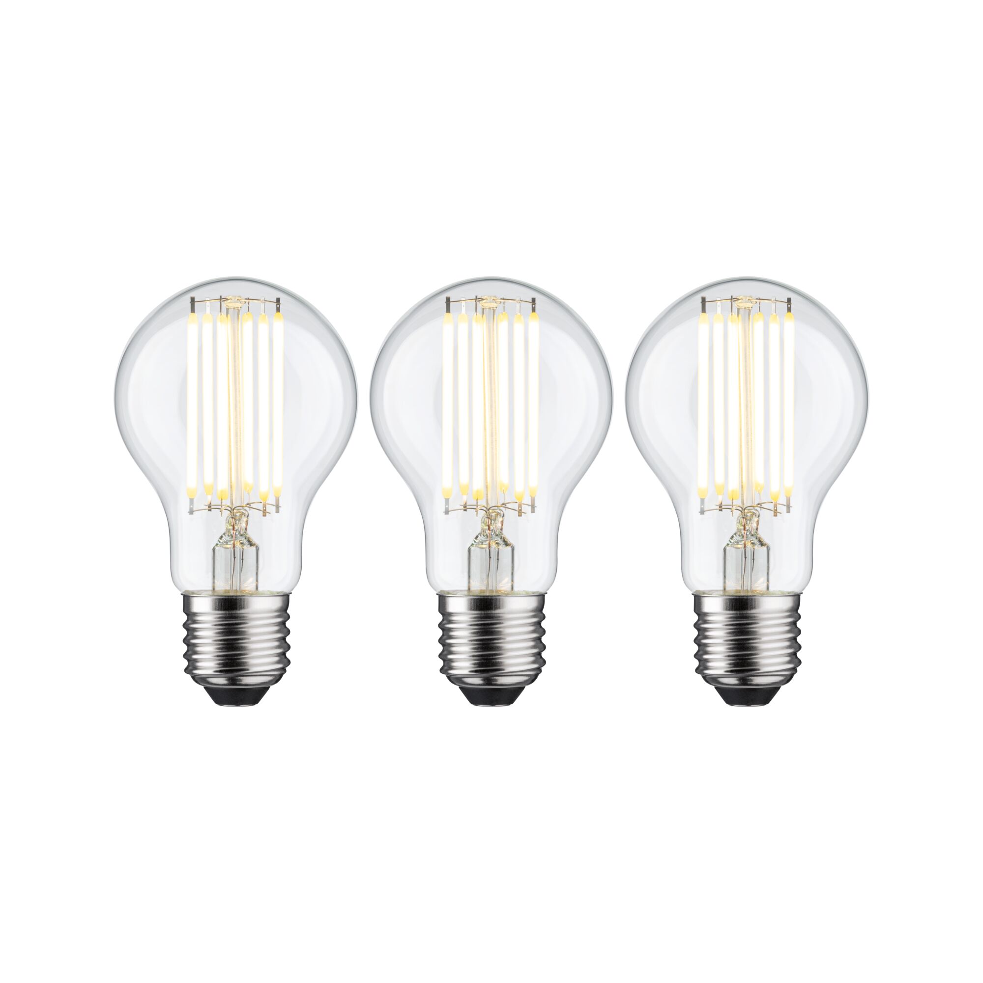 Drie heldere LED-lampen met zichtbare filamenten en E27-fitting voor energiezuinige verlichting