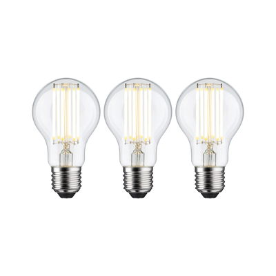 Three clear LED bulbs with visible filaments and E27 base for energy-efficient lighting