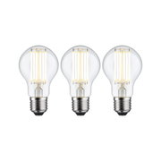 Drei klare LED-Glühbirnen mit sichtbaren Filamenten und E27-Fassung für energiesparende Beleuchtung