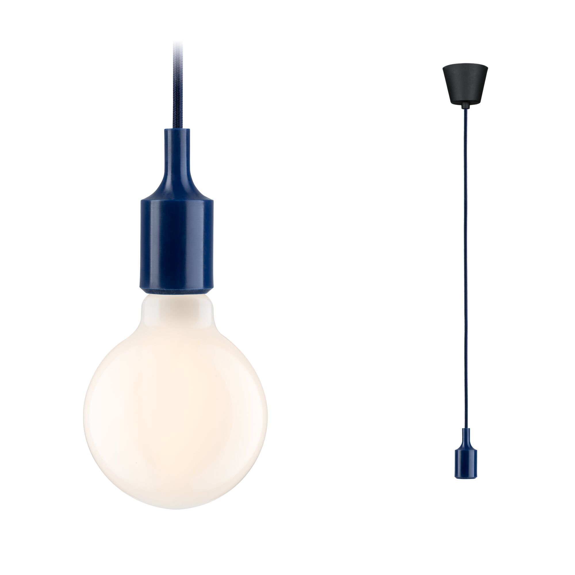 Moderne Pendelleuchte mit blauem Kabel und Fassung, weiße Glühbirne für Wohnraumbeleuchtung