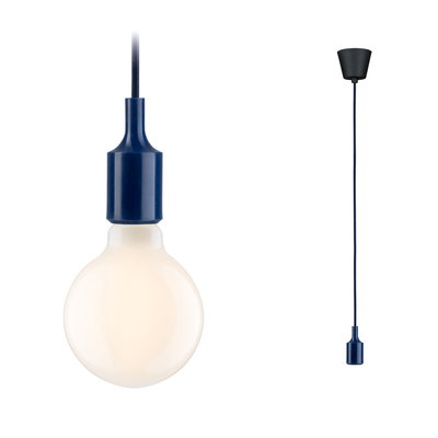 Moderne Pendelleuchte mit blauem Kabel und Fassung, weiße Glühbirne für Wohnraumbeleuchtung