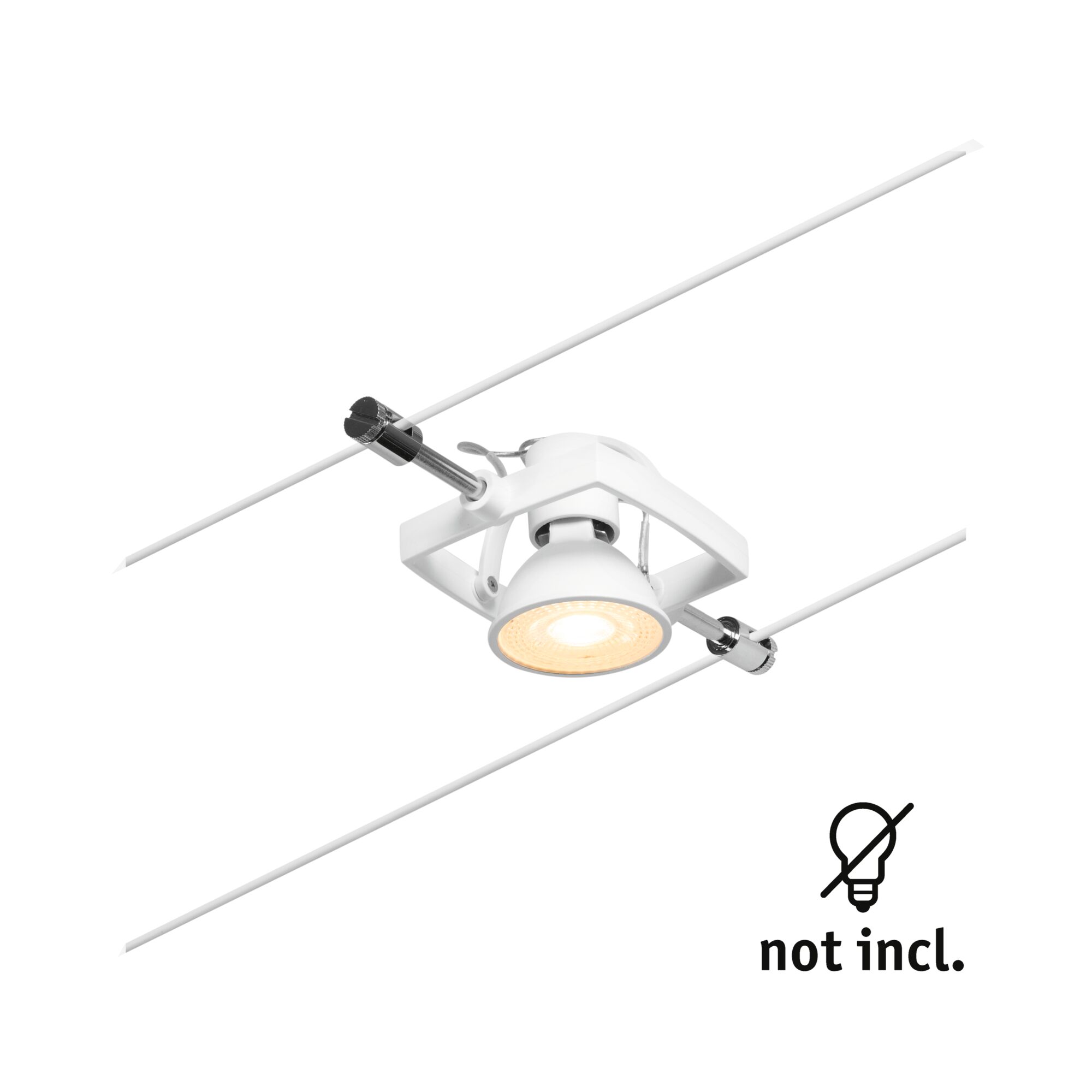 Weißer LED-Seilstrahler aus Metall mit verstellbarem Spot für moderne Beleuchtung ohne Leuchtmittel.