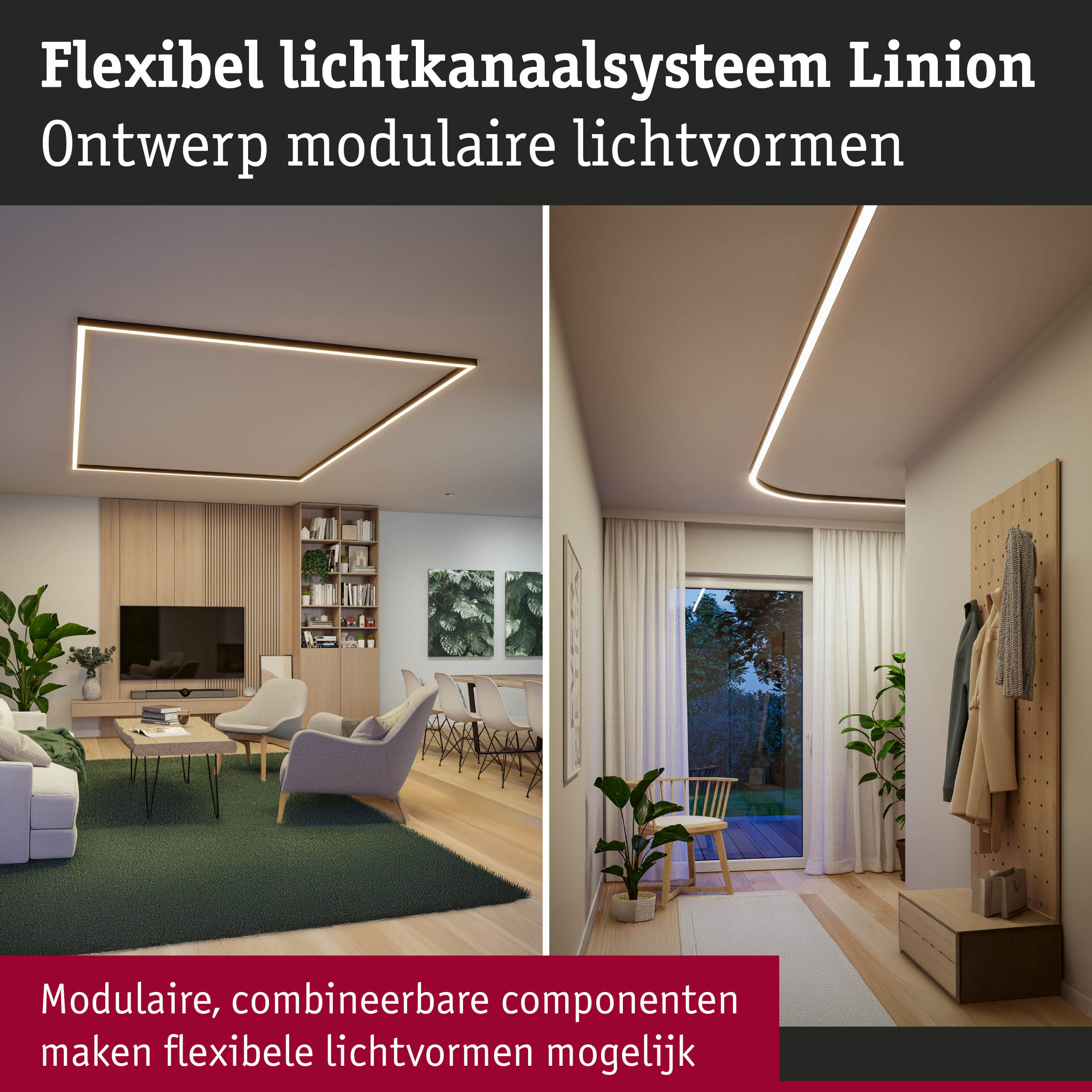 Flexibel lichtkanaalsysteem met modulaire LED-lichtvormen in moderne woonkamer en hal