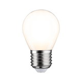 Small LED bulb with frosted white glass and metal base for energy-efficient lighting