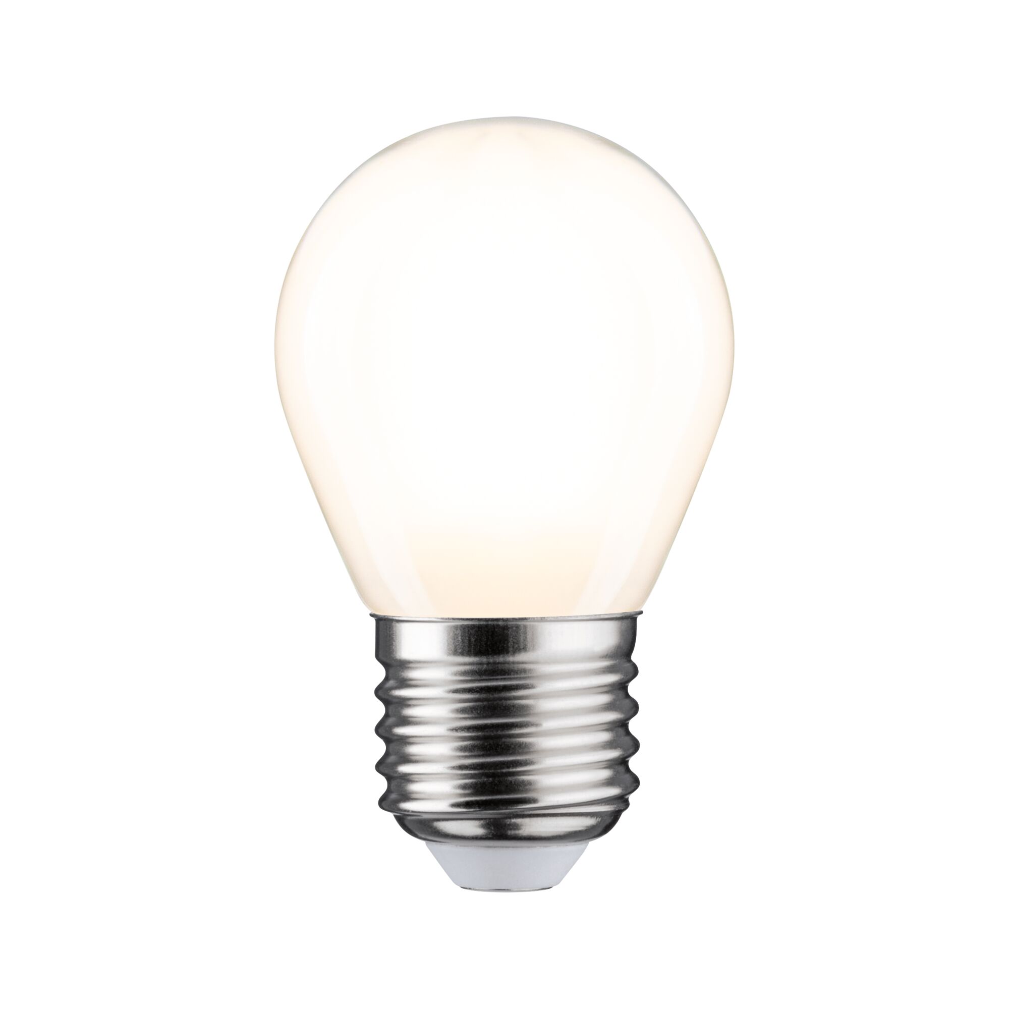 Kleine LED-Glühbirne mit mattweißem Glas und Metallfassung für energiesparende Beleuchtung