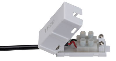 White plastic connection housing with IP20 protection and cable terminal for LED lighting