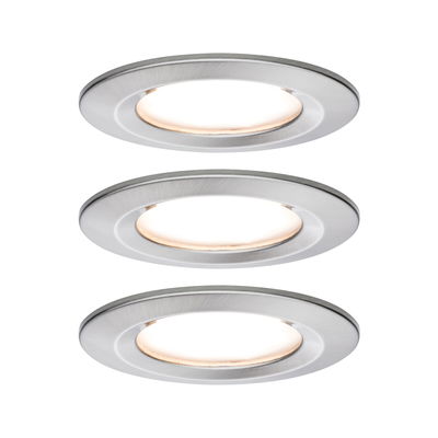 Three round LED recessed lights in brushed aluminum silver for modern interior lighting